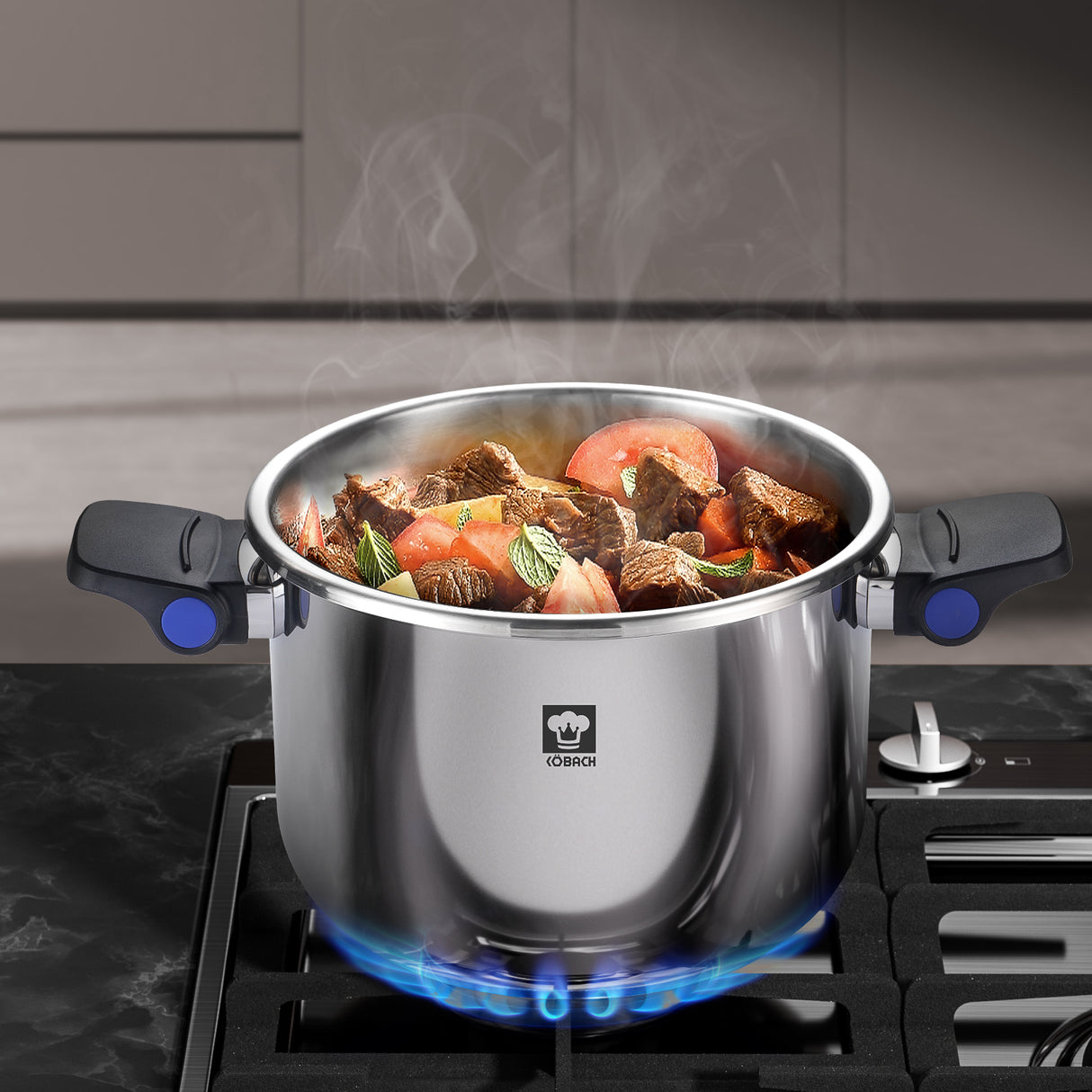 KOBACH 8 Qt Stainless Steel Pressure Cooker, 17 PSI, Induction & Gas Compatible, One-Hand Opening