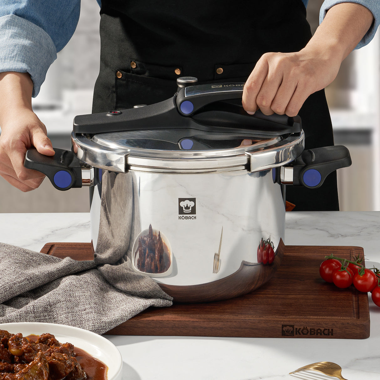 KOBACH 8 Qt Stainless Steel Pressure Cooker, 17 PSI, Induction & Gas Compatible, One-Hand Opening