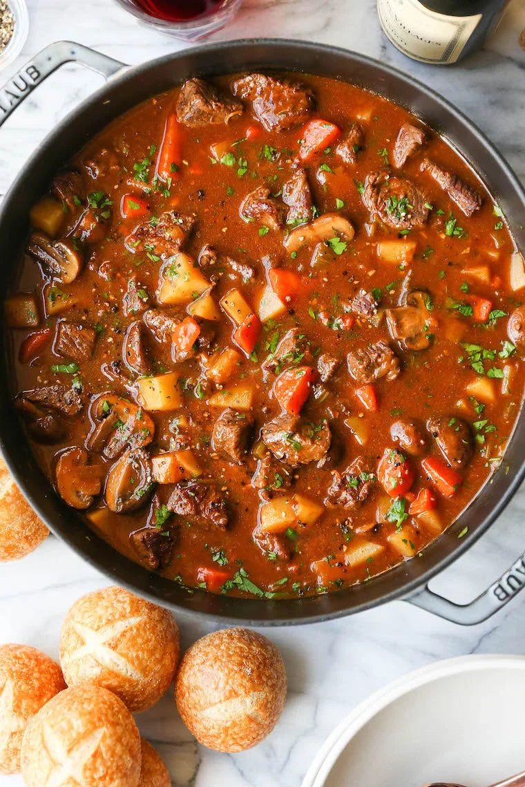 A cozy, classic beef stew with tender beef, carrots, mushrooms + potat ...