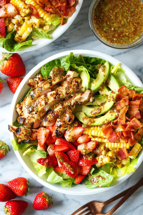 Made with the juiciest, tender honey mustard chicken, romaine, strawberries, avocado and corn. And the dressing is perfection!
