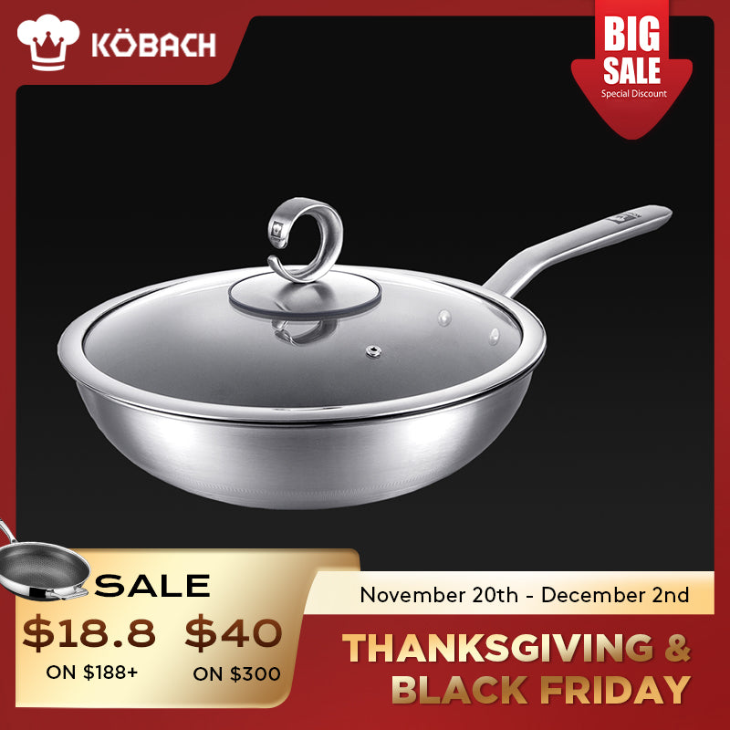 Kobachcookware 13-Inch Titanium Coating-Free Wok with Lid
